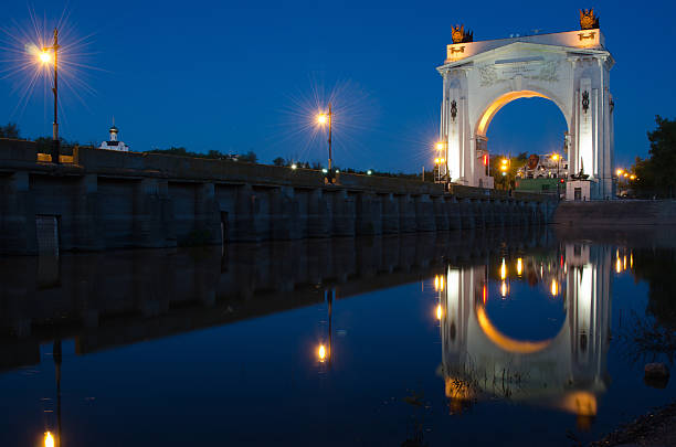 Evening view, with reflection water arch, first lock Volga-Don Canal