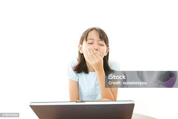 Sleepy Girl Yawning Stock Photo - Download Image Now - Child, Laptop, White Background