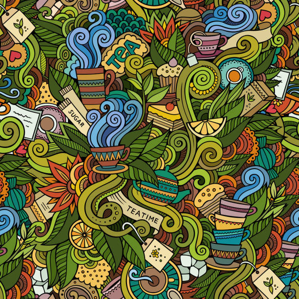 illustrations, cliparts, dessins animés et icônes de motif abstrait sans couture thé et crayonnages - sri lanka tea