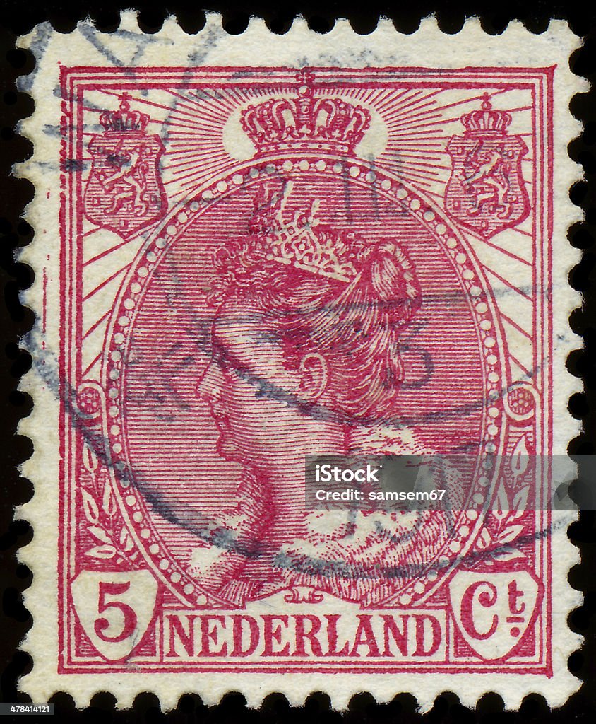 Stamp printed in Netherlands shows portrait of Queen Wilhelmina NETHERLANDS - CIRCA 1898: A stamp printed in Netherlands shows portrait of Queen Wilhelmina - series "Queen Wilhelmina", circa 1898 Netherlands Stock Photo