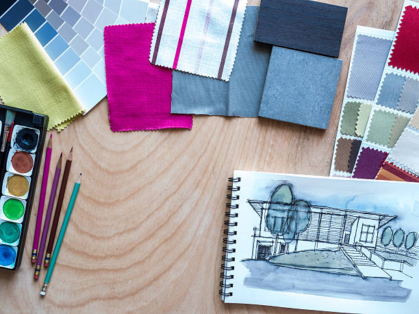 istock Architecture hand-drawn illustration and material sample on  wooden table top 478414156