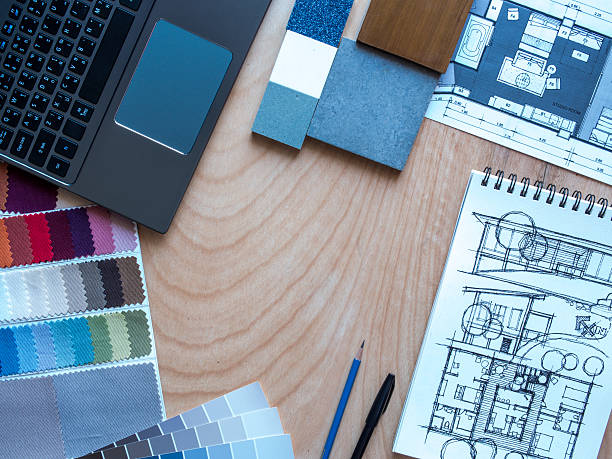 istock Architecture hand-drawn illustration, laptop, material sample on wooden table top 478414242