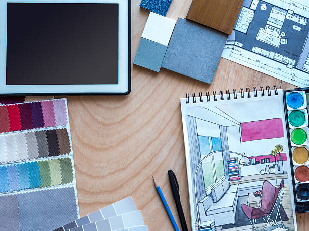 istock Interior hand-drawn illustration, tablet, material sample on  wooden table top 478414258