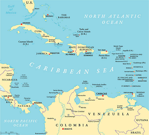 Caribbean Political Map Caribbean political map with capitals, national borders, important cities, rivers and lakes. English labeling and scaling. Illustration. caribbean stock illustrations