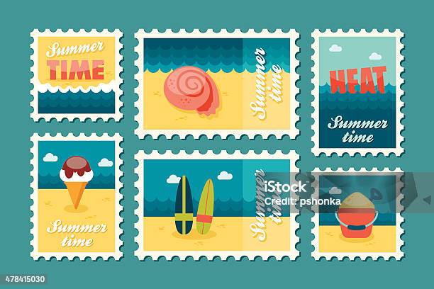 Summertime Stamp Set Flat Stock Illustration - Download Image Now - 2015, Animal Shell, Beach