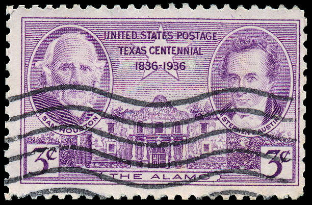 stamp shows image of Houston, Austin and Alamo
