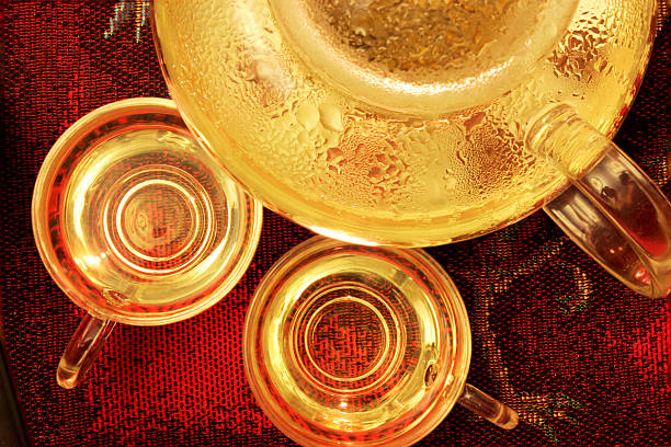 istock Golden Yellow shining light Teapot with two cups 478422674