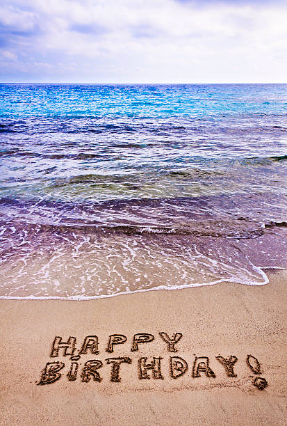 Happy Birthday written on the beach, vacation concept