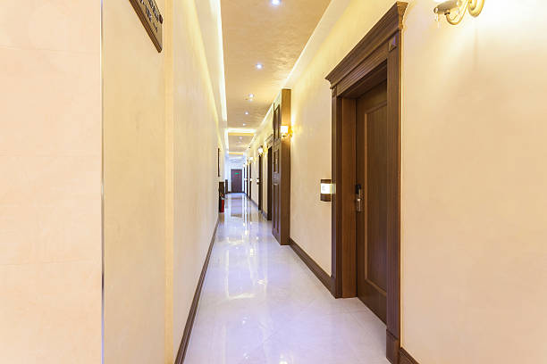 istock Elegant hotel corridor with pin lights 478427834