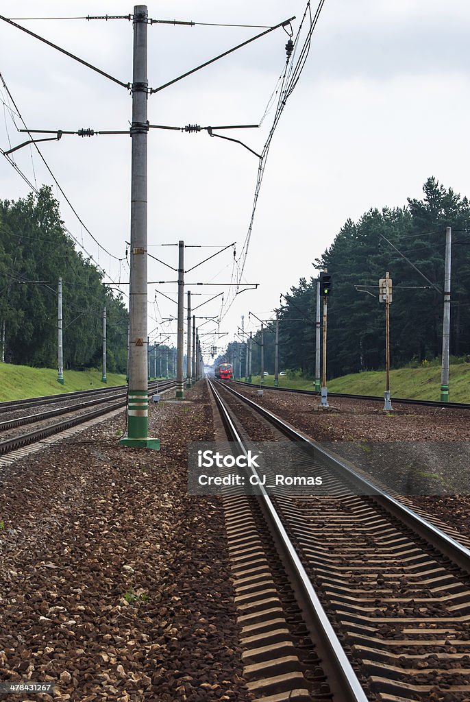 railroad landscape with railroad and rain in distance Black Color Stock Photo