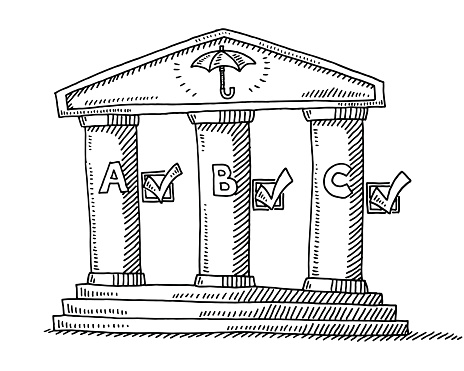 Hand-drawn vector drawing of a Building with Three Columns. Business Security Concept. On Top is an Umbrella Symbol. Each Column has a Letter and a Tick Mark. Black-and-White sketch on a transparent background (.eps-file). Included files are EPS (v10) and Hi-Res JPG.
