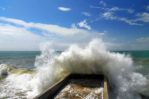 Waves crushing into a break wall