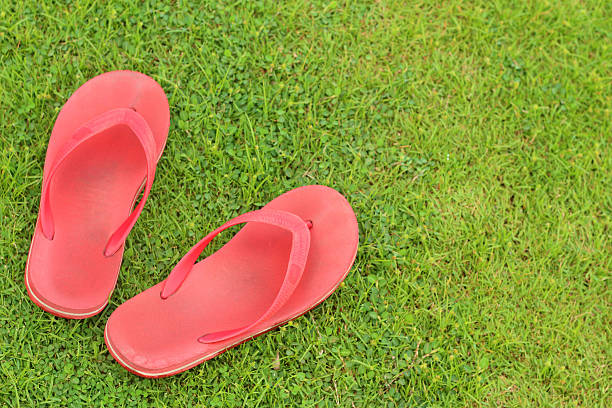 istock Red slippers lay on the the green grass. 478433214