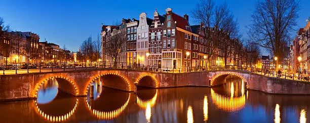 Bridges over a crossroads of canals in the city of Amsterdam, The Netherlands at night.