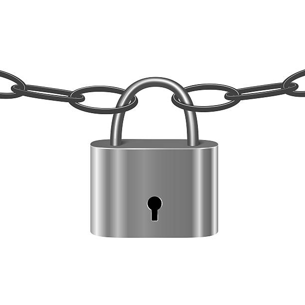 istock Chain under lock isolated on white. Under guard, closed symbol 478437724