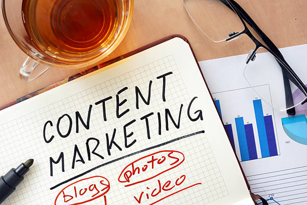 Notepad with words content marketing  concept and glasses
