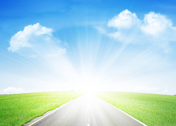 istock Asphalt road through the green field and blue sky 478445554