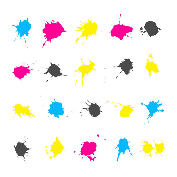 cmyk tinte akzenten elemente-kollektionen - spray paint cmyk palette paintbrush stock-grafiken, -clipart, -cartoons und -symbole