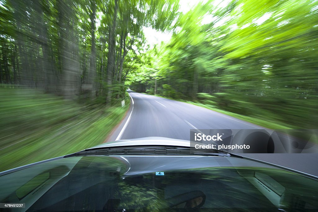 Carro dirigindo rápido em floresta - Foto de stock de Bosque - Floresta royalty-free