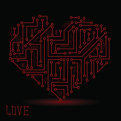printed dark red electrical circuit board heart symbol eps10