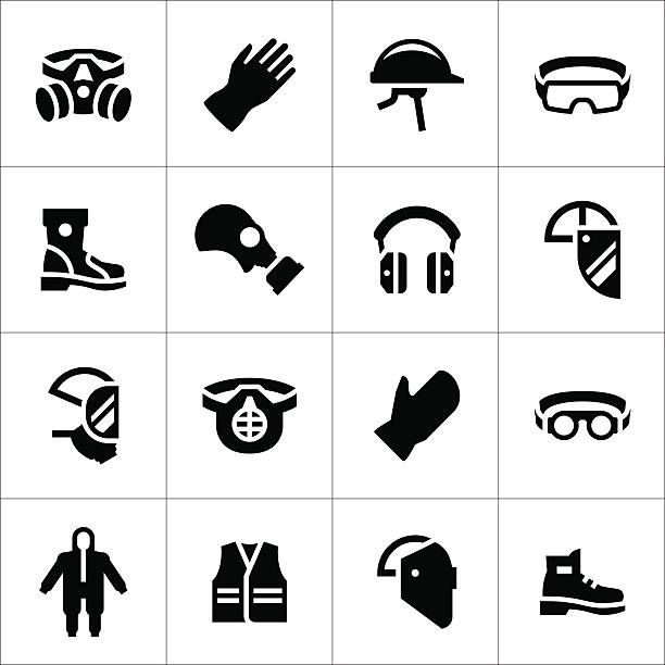 Set icons of personal protective equipment Set icons of personal protective equipment isolated on white. This illustration - EPS10 vector file. protective workwear stock illustrations