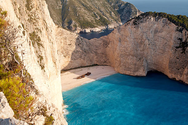 Broken ship at Shipwrech bay . Navagio beach, Zakinthos, Greece stock photo