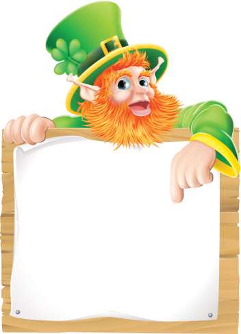 An illustration of a St Patricks day leprechaun cartoon character pointing down at a sign