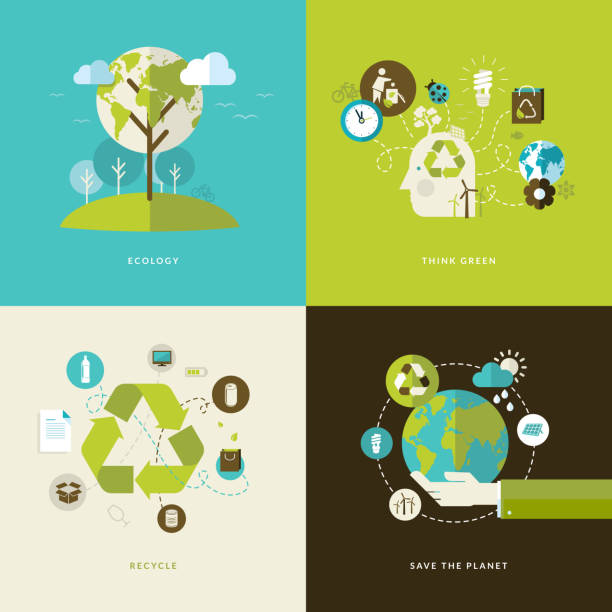 illustrazioni stock, clip art, cartoni animati e icone di tendenza di set di icone di design piatto concetto di ecologia tema - simbolo del riciclaggio illustrazioni