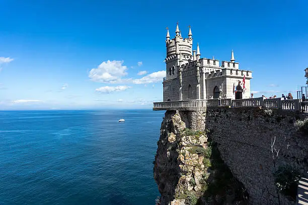 swallow's nest is an ancient castle on a rock, the symbol of the Republic of Crimea on the background of blue sea. Yalta