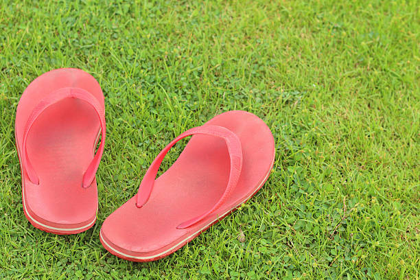 istock Red slippers lay on the the green grass. 478461206