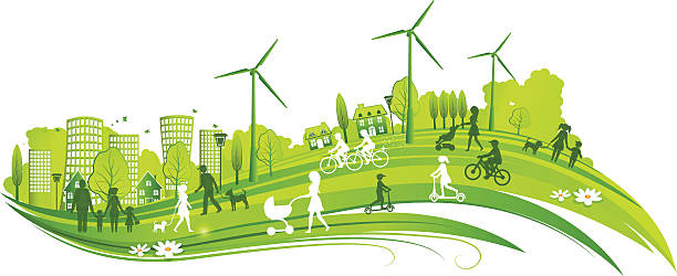 nachhaltige stadt - city bike illustrations stock-grafiken, -clipart, -cartoons und -symbole