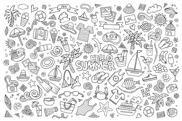 Summer beach symbols and objects vector art illustration