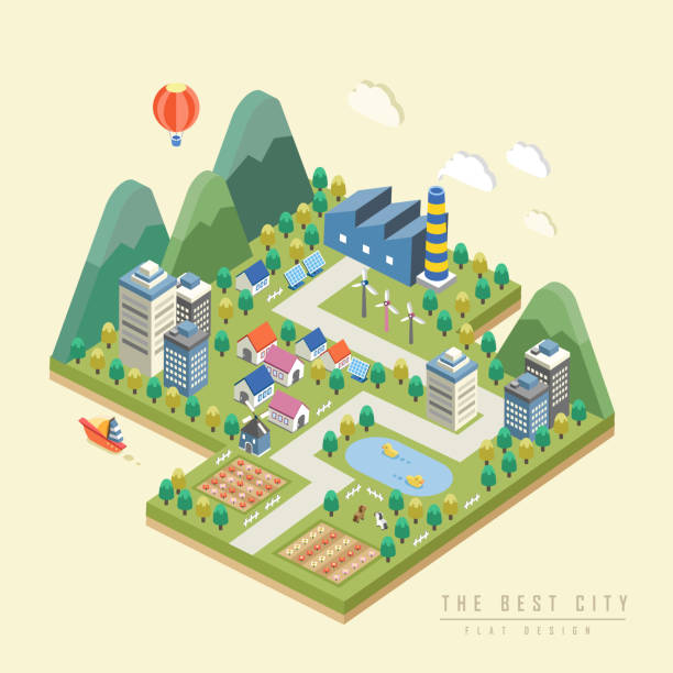 3 d isometric infographic mit schönen stadt - mountain scape stock-grafiken, -clipart, -cartoons und -symbole