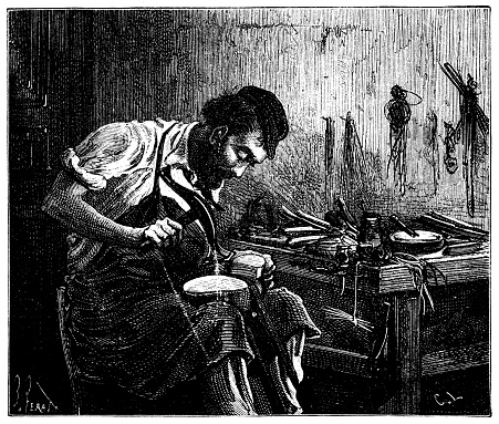 Antique illustration of shoes production