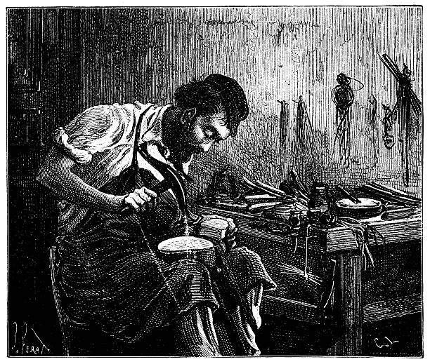 Antique illustration of shoes production Antique illustration of shoes production shoemaker stock illustrations