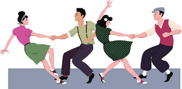 ilustraciones, imágenes clip art, dibujos animados e iconos de stock de lindy hop la competencia - dancing swing dancing 1950s style couple