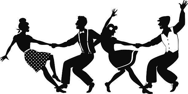 Lindy hop competition silhouette Vector silhouette of two young couple dressed in 1940s fashion dancing lindy hop or swing in a formation, no white objects, isolated on white, no transparencies, EPS 8 swing dancing stock illustrations