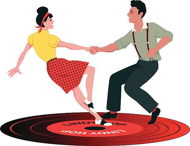 Lindy Hop on a record Young Caucasian couple dressed in late 1940s early 1950s fashion dancing lindy hop on a vinyl record, no transparencies, EPS 8 lindy hop stock illustrations