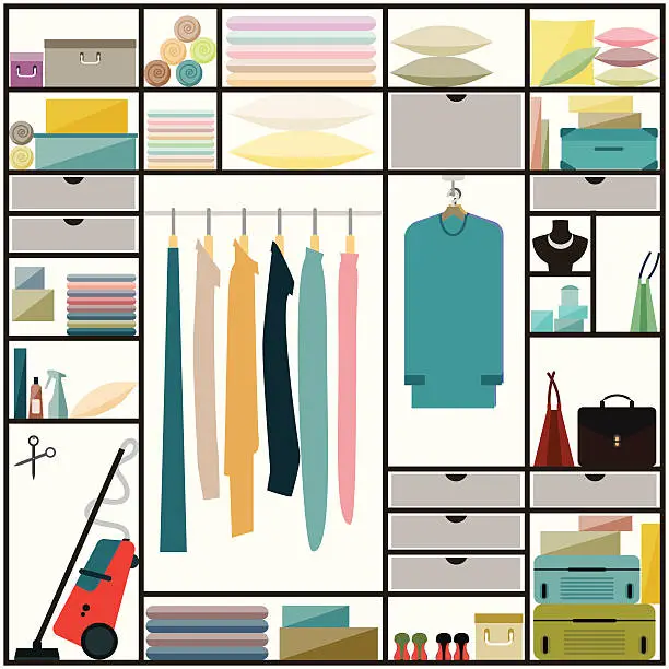 Vector illustration of sliding-door wardrobe with clothes and some household items