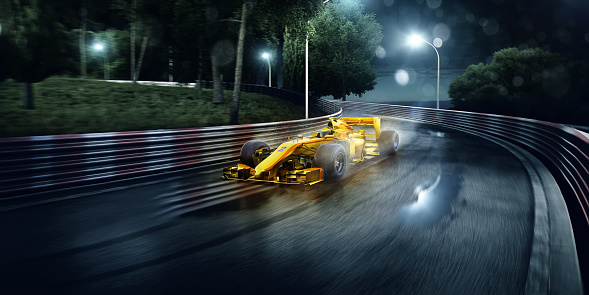 A yellow racing car travelling at speed on a generic outdoor spiral race track in the mountains at night. The image is made fully with CGI. The racing car is without any branding. With intentional lens flare and high speed motion blur.