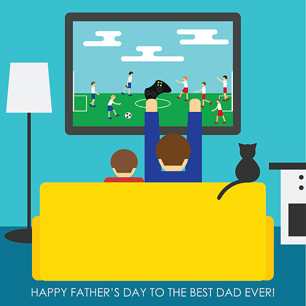 ilustrações de stock, clip art, desenhos animados e ícones de dia do pai saudação cartão. pai e filho a jogar no futebol - family sofa vector illustration and painting