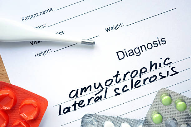 Diagnostic form with diagnosis Amyotrophic lateral sclerosis (ALS) and pills. Diagnostic form with diagnosis Amyotrophic lateral sclerosis (ALS) and pills. sclerosis stock pictures, royalty-free photos & images