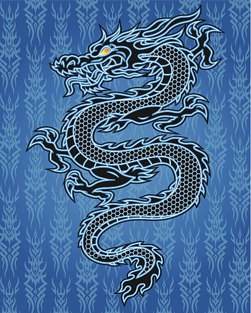 ilustraciones, imágenes clip art, dibujos animados e iconos de stock de dragón negro sobre fondo azul - asian culture dragon textile symbol