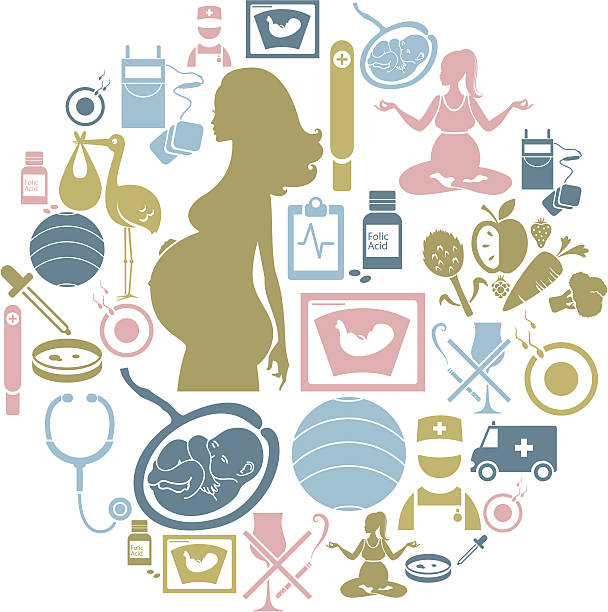 ilustraciones, imágenes clip art, dibujos animados e iconos de stock de conjunto de iconos de embarazo - relaxation exercise child mother human pregnancy