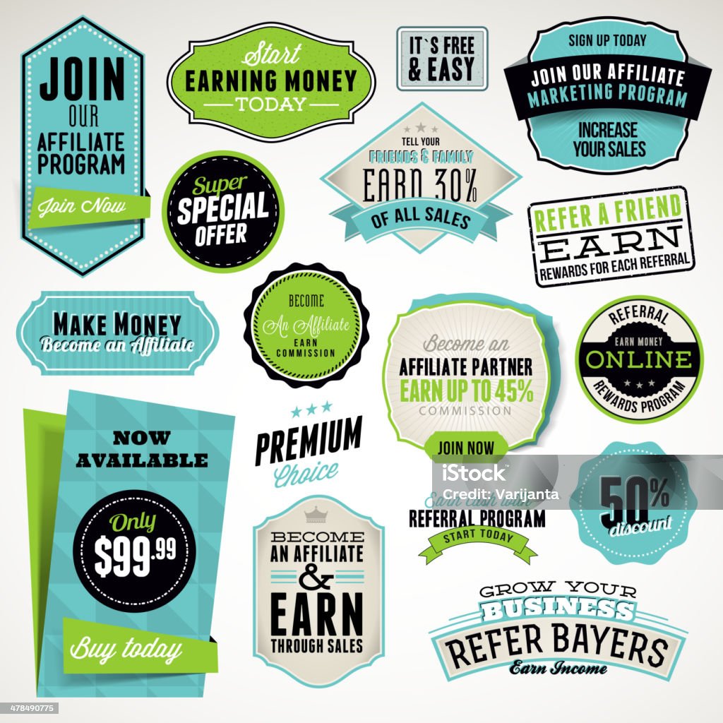 Set of affiliate and referral badges and stickers Set of vector badges and stickers Marketing stock vector