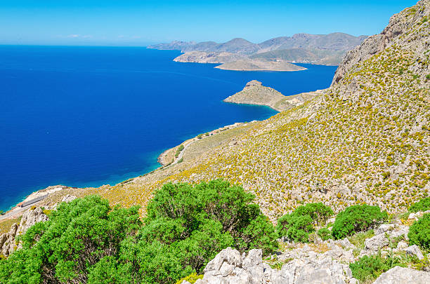 istock Greek bay with green bushes and blue sky, Greece 478492540