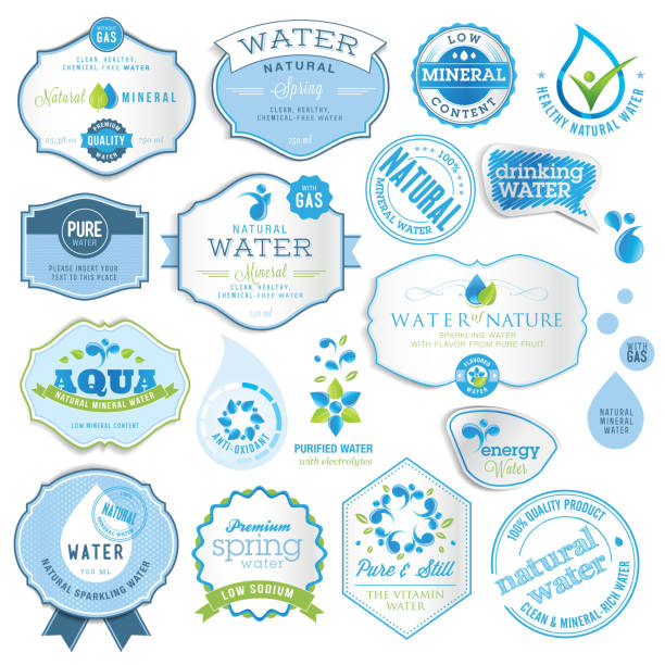 ilustraciones, imágenes clip art, dibujos animados e iconos de stock de conjunto de etiquetas y pegatinas para agua - agua purificada
