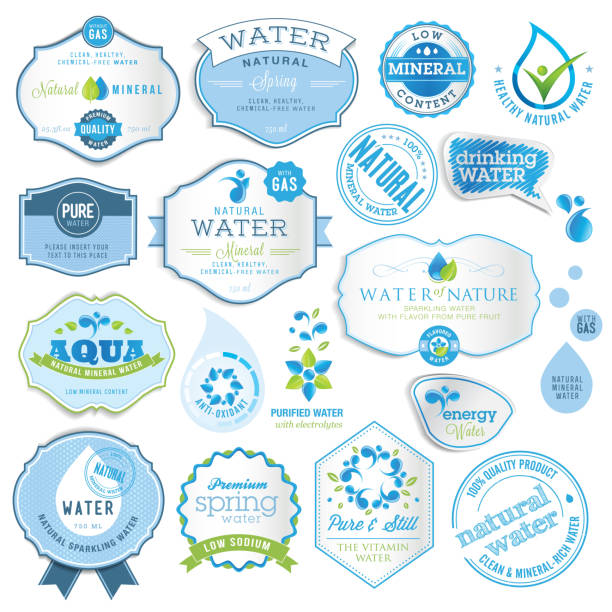 Set of labels and stickers for water Set of vector labels and stickers purified water stock illustrations