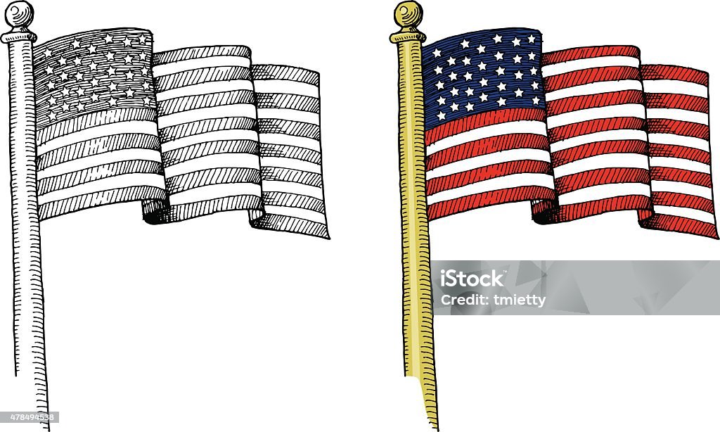 Hand-drawn United States Flag The flag of the USA hand-drawn in a cartoon illustration style. One in black and white, the other in color. American Flag stock vector