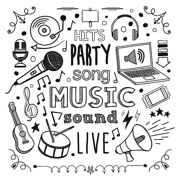 Music Music themed (doodle) hand-drawn illustration. musical instrument illustrations stock illustrations